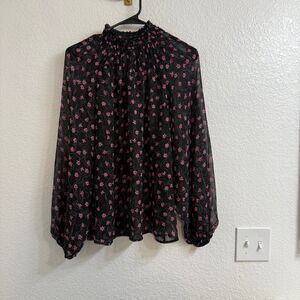 Elizabeth and James Floral Semi-Sheer Smocked Blouse Balloon Sleeve Black Size L